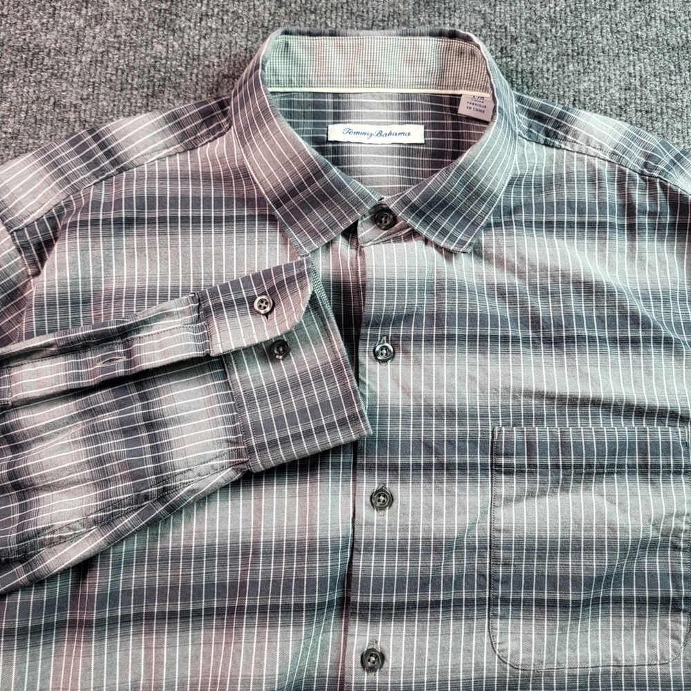 Tommy Bahama Mens L G Plaid Long Sleeve Button Up Shirt 73 Cotton 24 Silk 3 Spnx